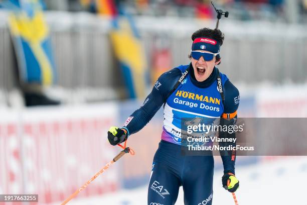 Tommaso Giacomel of Italy takes third place during the Men 4x7.5 km Relay at the BMW IBU World Cup Biathlon Ruhpolding on January 11, 2024 in...