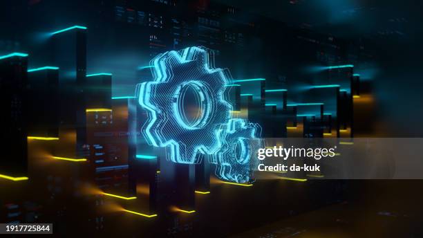 engrenages numériques sur le fond technologique futur. évolution de la productivité. engrenages futuristes et carte numérique dans le monde du progrès technologique et de l’innovation. rendu 3d cgi - engrenage photos et images de collection