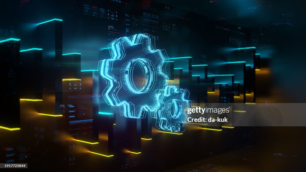 Digital gears on future tech background. Productivity evolution. Futuristic gears and digital chart in world of technological progress and innovation. CGI 3D render