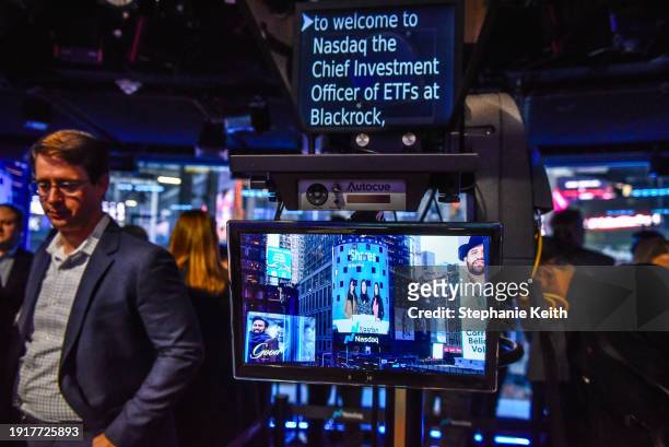 The Nasdaq studio prepares to ring the opening bell as Bitcoin Spot ETF's are launched on the Nasdaq Exchange on January 11, 2024 in New York City....