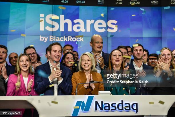 Samara Cohen, Chief Investment Officer of ETF and Index Investments at Blackrock, rings the opening bell as Bitcoin Spot ETF's are launched on the...
