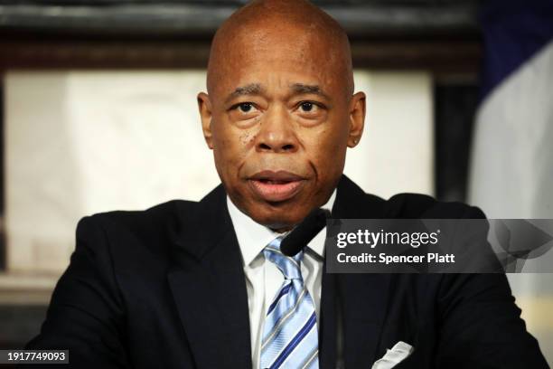 New York City Mayor Eric Adams holds a press availability at a news conference on January 08, 2024 in New York City. The mayor discussed the...