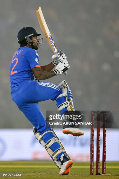 India's Tilak Varma plays a shot during the first Twenty20 international cricket match between India and Afghanistan at the Punjab Cricket...