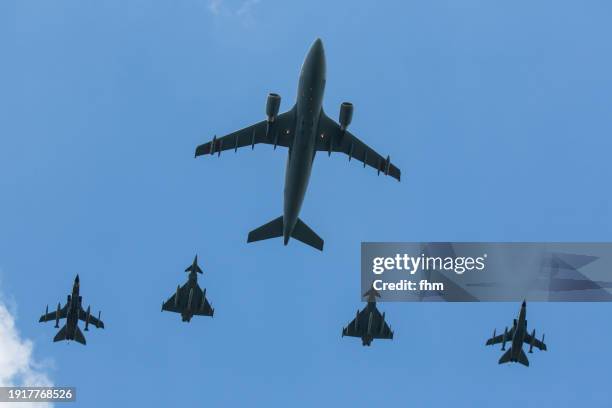 military aircraft tanker in a convoy with fighter jets in the sky - military convoy stock pictures, royalty-free photos & images