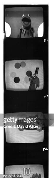 Photographer's original contact sheet of on-set monitors showing the shooting and broadcast of Sesame Street's very first season. Featuring Muppet...