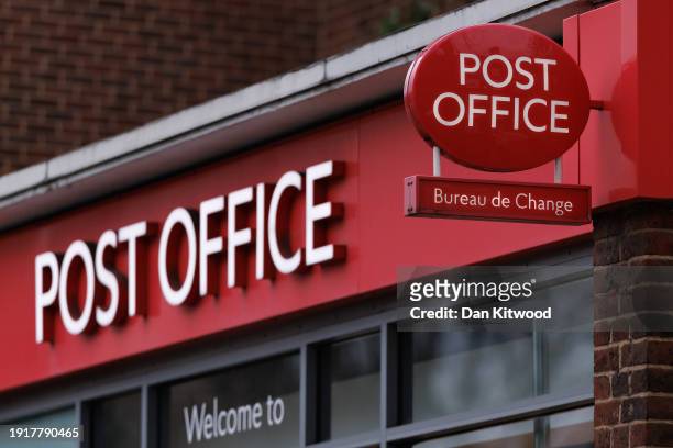 General view of a Post Office sign in Kennington on January 08, 2024 in London, England. Between 1999 and 2015, more than 700 Post Office branch...