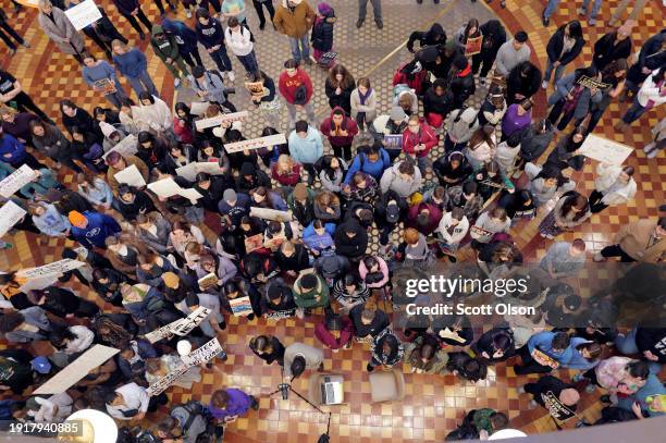 Students demonstrate for stricter gun control legislation as part of a March for Our Lives rally at the Iowa state capitol building on January 08,...