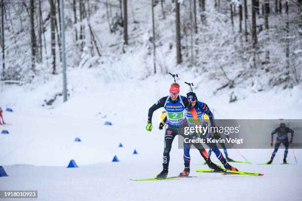 Johannes Kuehn of Germany in action during the Men 4x7.5km Relay at the BMW IBU World Cup Biathlon Ruhpolding on January 11, 2024 in Ruhpolding,...