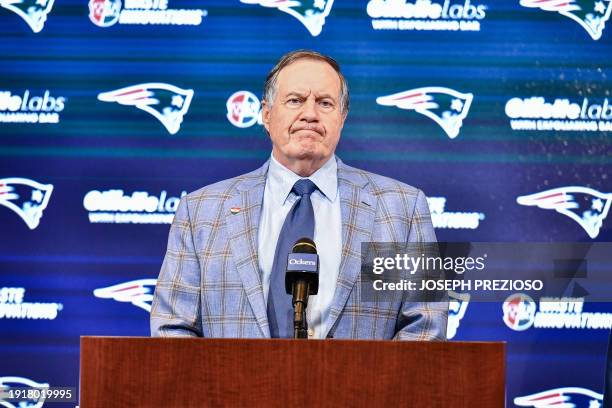 New England Patriots head coach Bill Belichick announces he is leaving the team during a press conference at Gillette Stadium in Foxborough,...