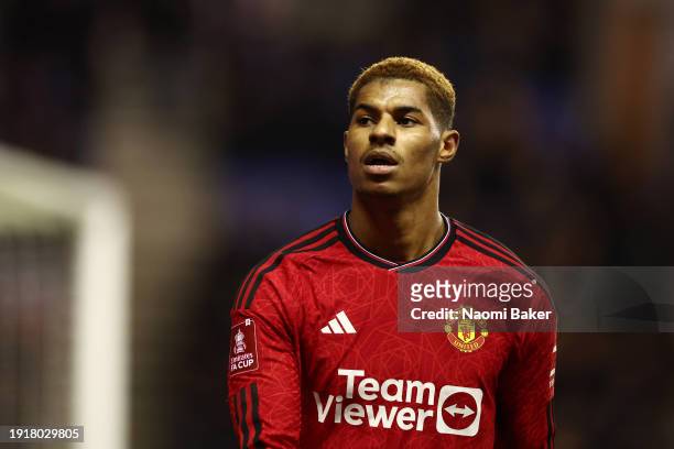 Marcus Rashford of Manchester United looks on during the Emirates FA Cup Third Round match between Wigan Athletic and Manchester United at DW Stadium...