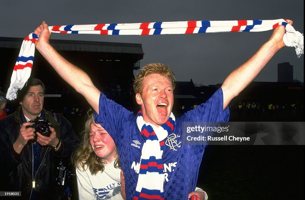 Mo Johnston of Rangers celebrates victory after the Premier league match against Dundee