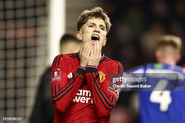 Alejandro Garnacho of Manchester United reacts during the Emirates FA Cup Third Round match between Wigan Athletic and Manchester United at DW...