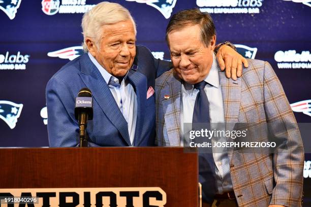 New England Patriots head coach Bill Belichick and Patriots owner Robert Kraft speak to reporters where Belichick announced he is leaving the team...