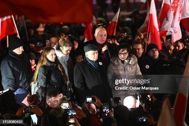 Jaroslaw Kaczynski , leader of the Polish Law and Justice party attends a protest organised by his conservative right-wing party against the public...