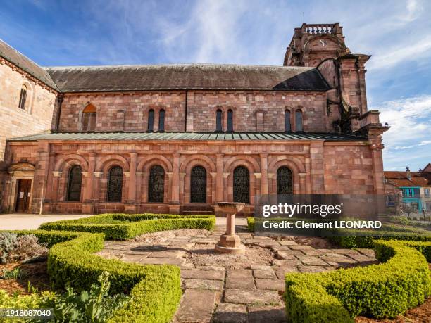 wide angle view of the saint peter abbey of étival clairefontaine (abbaye saint pierre d'etival or abbaye saint-pierre d'étival-clairefontaine) as seen from the ancient cloister, etival clairefontaine, vosges, lorraine, eastern france. - étival clairefontaine stock pictures, royalty-free photos & images