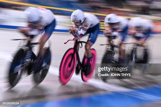 Britain's cyclists, including Britain's Ethan Hayter, Britain's Ethan Vernon, Britain's Daniel Bigham and Britain's Oliver Wood, compete for gold...