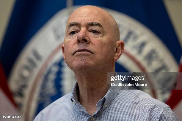 Department of Homeland Security Secretary Alejandro Mayorkas holds a press conference at a U.S. Border Patrol station on January 08, 2024 in Eagle...