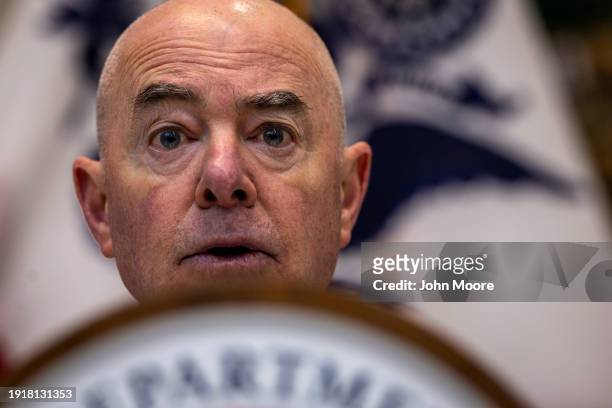 Department of Homeland Security Secretary Alejandro Mayorkas holds a press conference at a U.S. Border Patrol station on January 08, 2024 in Eagle...