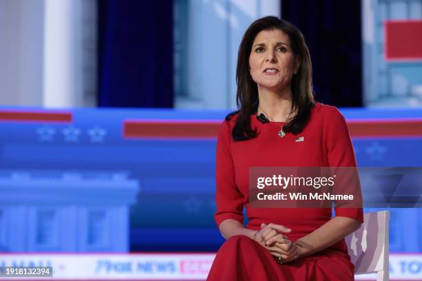 Republican presidential candidate former U.N. Ambassador Nikki Haley participates in a Fox News Town Hall on January 08, 2024 in Des Moines, Iowa....