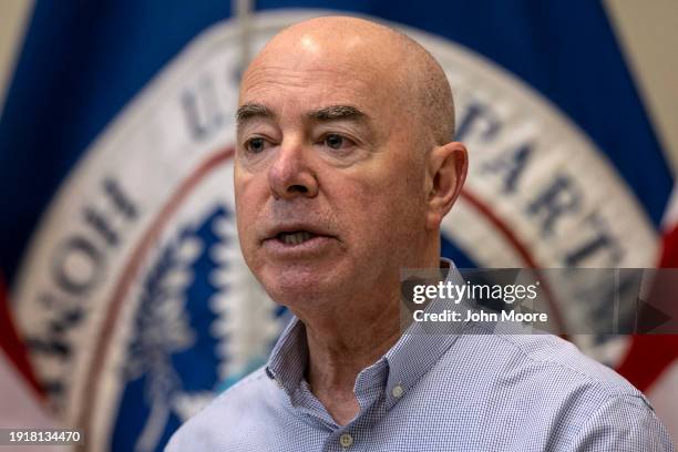 Department of Homeland Security Secretary Alejandro Mayorkas holds a press conference at a U.S. Border Patrol station on January 08, 2024 in Eagle...