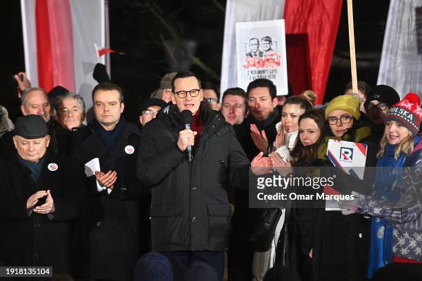 Polish politician and former Prime Minister Mateusz Morawiecki attends a protest with Law and Justice party leader Jaroslaw Kaczynski organised by...