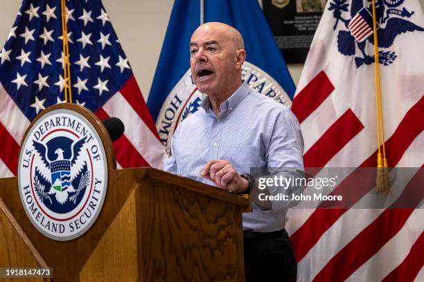 Department of Homeland Security Secretary Alejandro Mayorkas holds a press conference at a U.S. Border Patrol station on January 08, 2024 in Eagle...