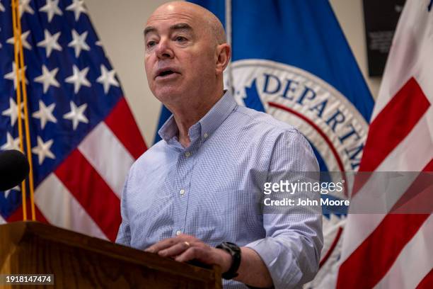 Department of Homeland Security Secretary Alejandro Mayorkas holds a press conference at a U.S. Border Patrol station on January 08, 2024 in Eagle...