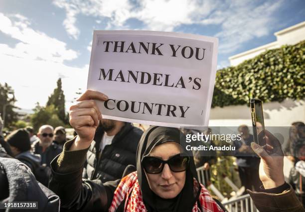 Tunisians gather outside South Africa Embassy to stage a solidarity demonstration with South Africa's genocide case against Israel at the...