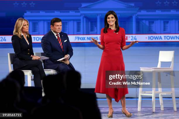 Republican presidential candidate former U.N. Ambassador Nikki Haley participates in a Fox News Town Hall with moderators Martha MacCallum and Bret...