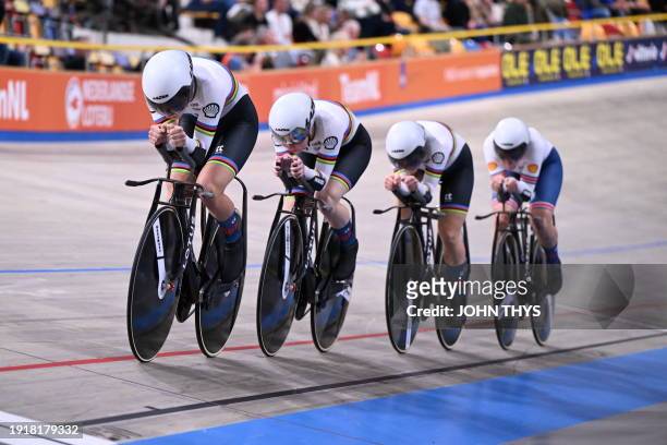 Britain's cyclists, including Britain's Megan Barker, Britain's Neah Evans, Britain's Josie Knight and Britain's Anna Morris, compete for gold...