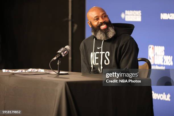 Jacque Vaughn of the Brooklyn Nets talks to the media during a press conference as part of NBA Paris Games 2024 on January 11, 2024 at Accor Arena in...