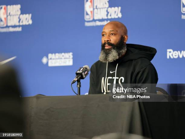 Jacque Vaughn of the Brooklyn Nets talks to the media during a press conference as part of NBA Paris Games 2024 on January 11, 2024 at Accor Arena in...