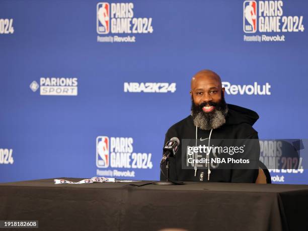 Jacque Vaughn of the Brooklyn Nets talks to the media during a press conference as part of NBA Paris Games 2024 on January 11, 2024 at Accor Arena in...