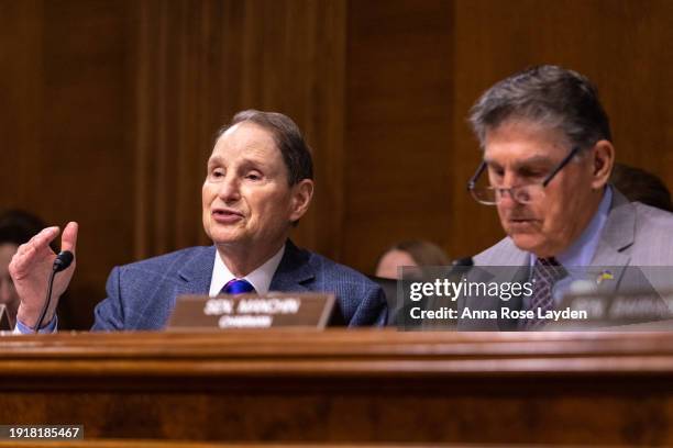 Sen. Ron Wyden speaks during a Senate Energy and Natural Resources Committee hearing on Federal Electric Vehicle Incentives on January 11, 2024 in...