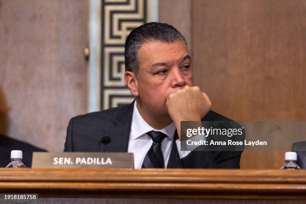 Sen. Alex Padilla is seen during a Senate Energy and Natural Resources Committee hearing on Federal Electric Vehicle Incentives on January 11, 2024...