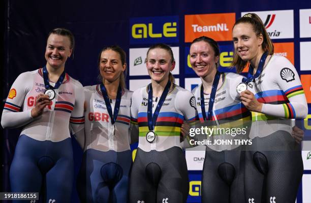 Second placed Britain's Neah Evans , Britain's Britain's Megan Barker , Britain's Anna Morris and Britain's Josie Knight celebrate with silver medals...