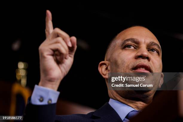 House Minority Leader Hakeem Jeffries speaks during his weekly press conference at the U.S. Capitol on January 11, 2024 in Washington, DC. Another...