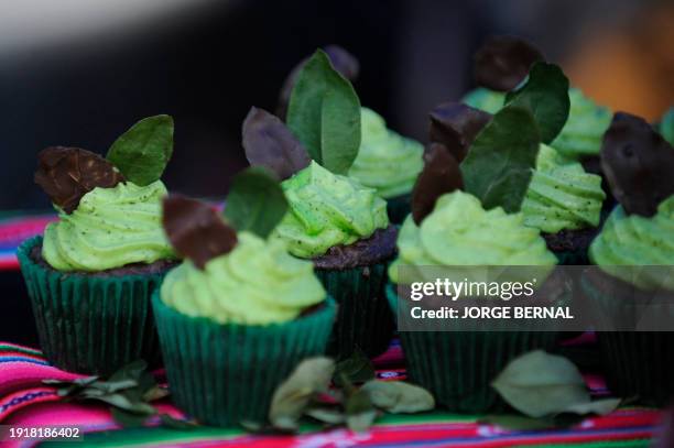 Cupcakes made with coca flour are sold during a ceremony to commemorate the Acullico National Day at Murillo square in La Paz, on January 11, 2024....