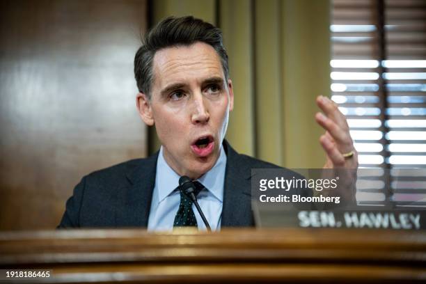 Senator Josh Hawley, a Republican from Missouri, speaks during a Senate Energy and Natural Resources Committee hearing to examine federal electric...