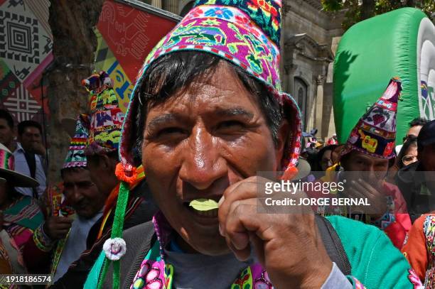 Man chews coca leaves during a ceremony to commemorate the Acullico National Day at Murillo square in La Paz, on January 11, 2024. The Government of...