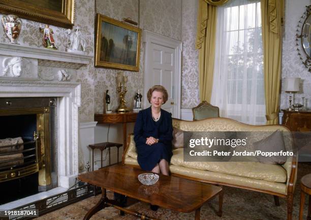 British Prime Minister Margaret Thatcher in residence at 10 Downing Street, London, circa June 1983.