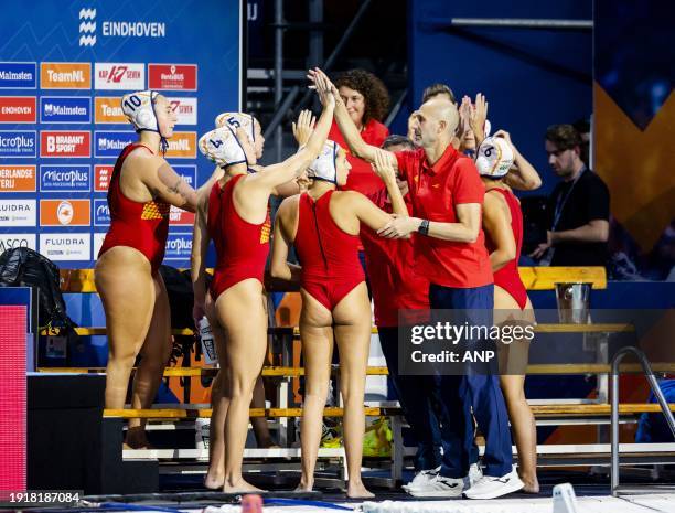 The players and staff of Spain celebrate reaching the final after the semi-final European Water Polo Women's Championship match between Spain and...