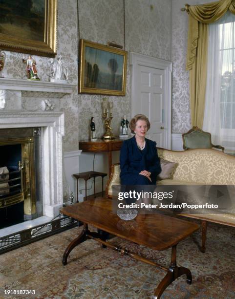 British Prime Minister Margaret Thatcher in residence at 10 Downing Street, London, circa June 1983.