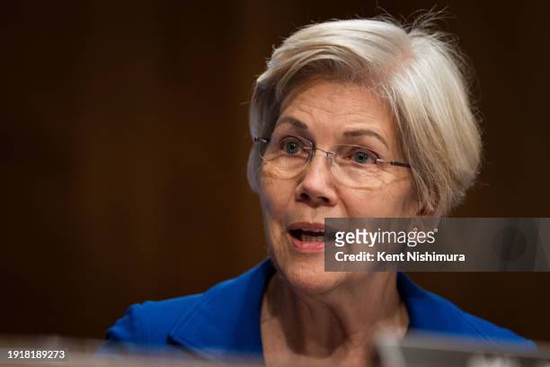 Sen. Elizabeth Warren speaks during a Senate Banking, Housing, and Urban Affairs committee hearing on January 11, 2024 in Washington, DC. The hearing...