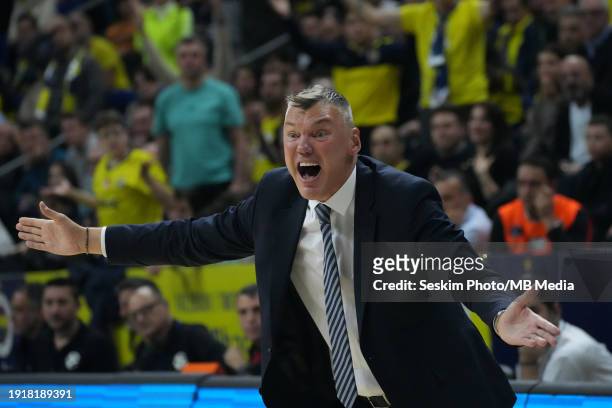 Head Coach Sarunas Jasikevicius of Fenerbahce Beko Istanbul reacts during the Turkish Airlines EuroLeague Regular Season Round 21 match between...
