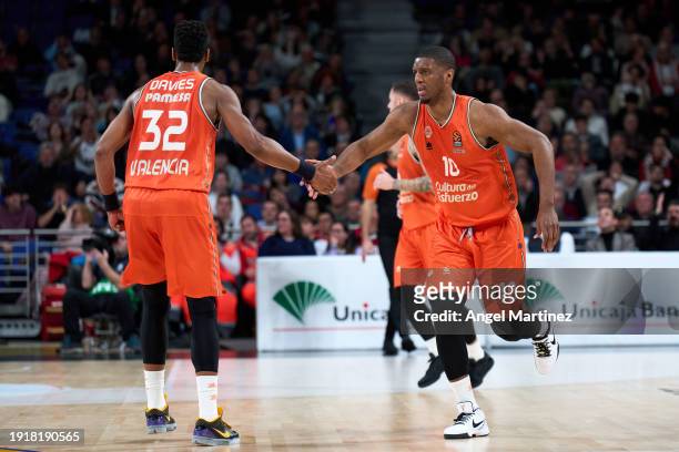 Damien Inglis, #10 and Brandon Davies, #32 of Valencia Basket celebrate during the Turkish Airlines EuroLeague match between Real Madrid and Valencia...