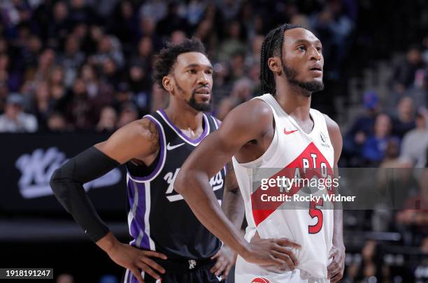 Immanuel Quickley of the Toronto Raptors looks on during the game against the Sacramento Kings on January 5, 2024 at Golden 1 Center in Sacramento,...