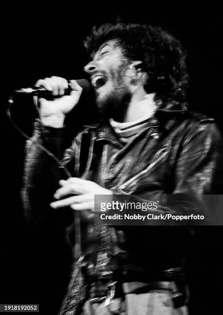 American rock singer-songwriter Bruce Springsteen performing on stage at the Hammersmith Odeon on November 24, 1975 in London, England.