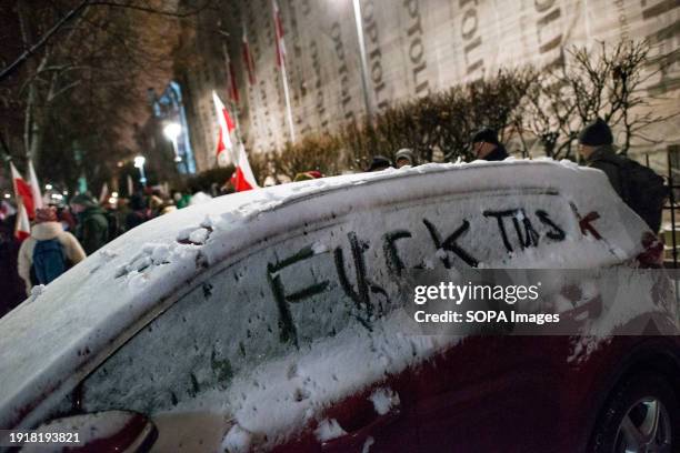 Car is seen with inscriptions "Fuck Tusk" during the protest. Poland's right-wing opposition, frustrated over its recent loss of power, urged its...