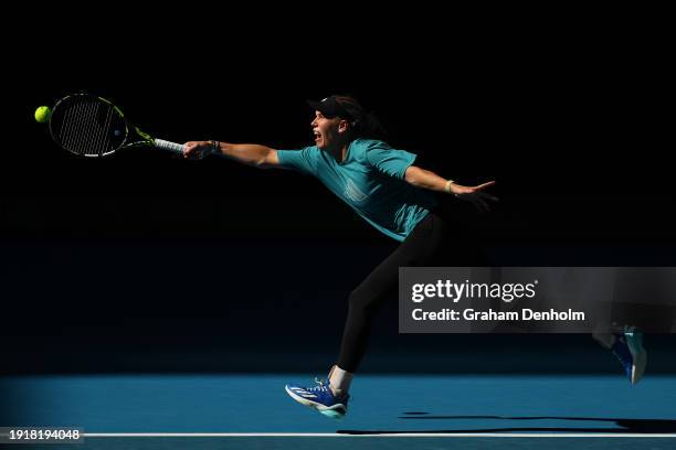 Caroline Wozniacki of Denmark plays a forehand during a training session ahead of the 2024 Australian Open at Melbourne Park on January 09, 2024 in...